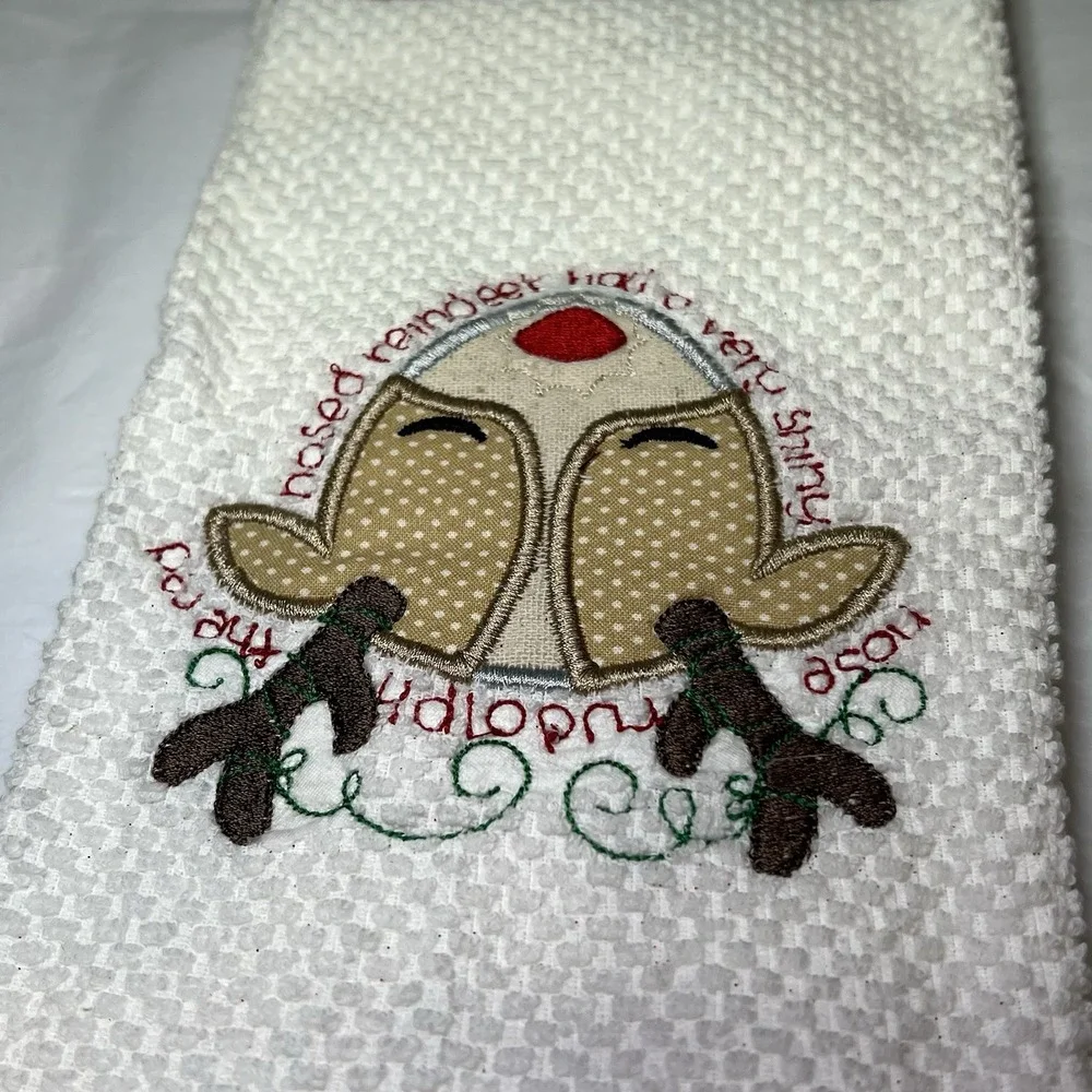 Personalized Embroidered Reindeer Christmas kitchen‎ towel Holiday Rudolph Dish